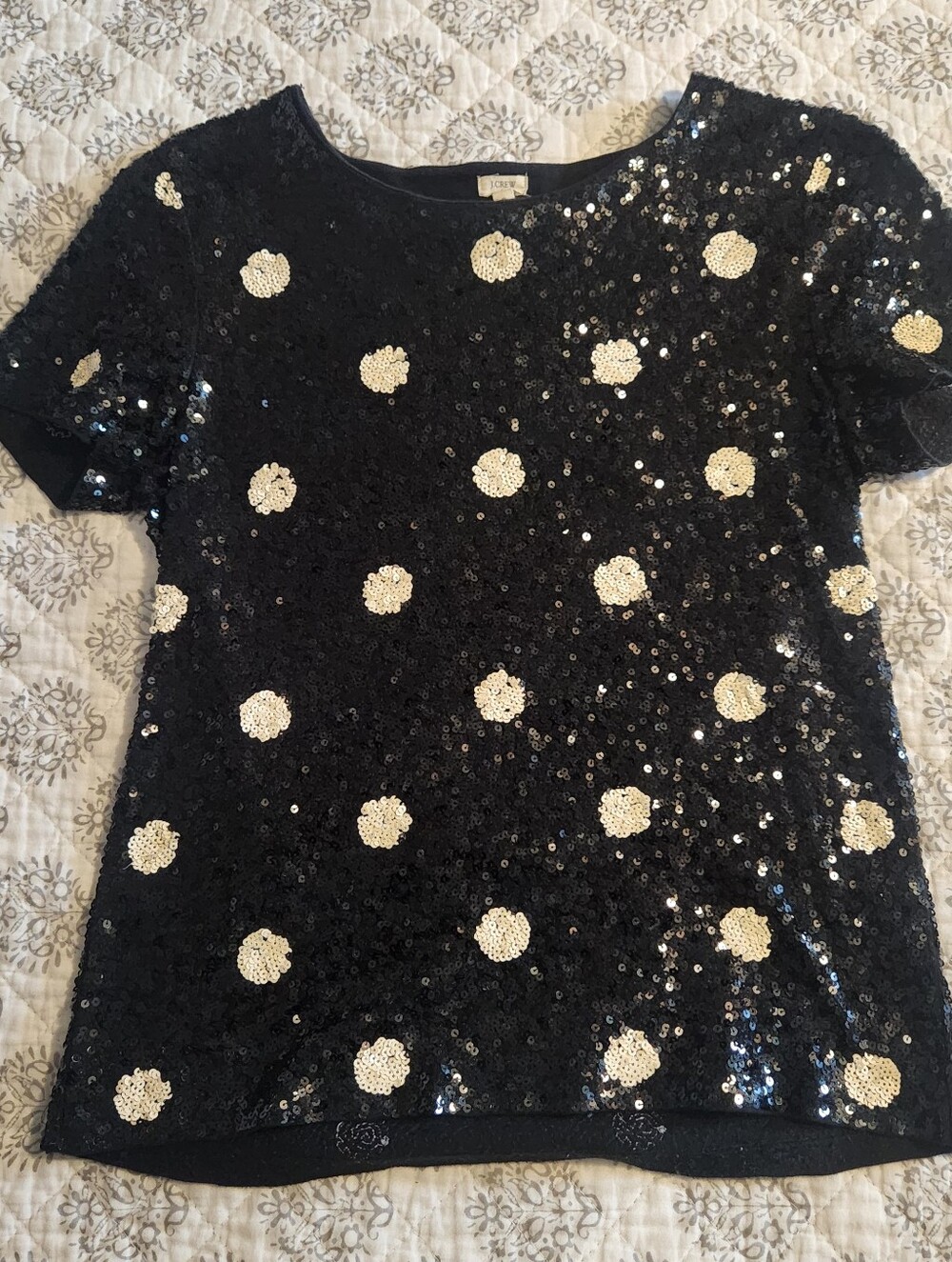 J. Crew Black & White Polka Dot All Over Sequin Top Shirt Blouse Cotton Sz Small